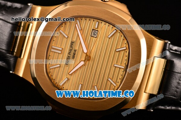 Patek Philippe Nautilus Asia Automatic Yellow Gold Case with Gold Dial Black Leather Strap and Stick Markers - Click Image to Close